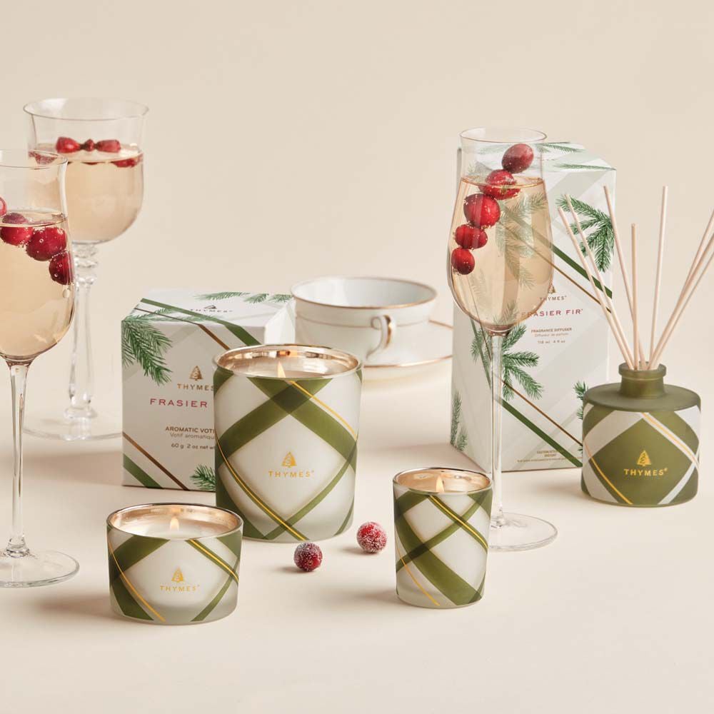 Thymes Frasier Fir Frosted Plaid Collection with votive candle featured image number 3